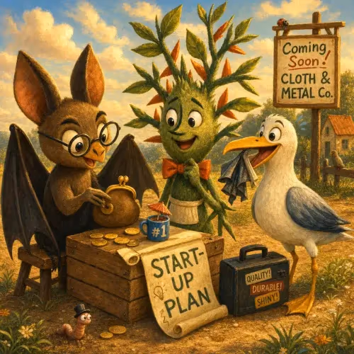A bat hiding, a gull searching the shore, and a thorn bush clinging to scraps of fabric after their ship sinks