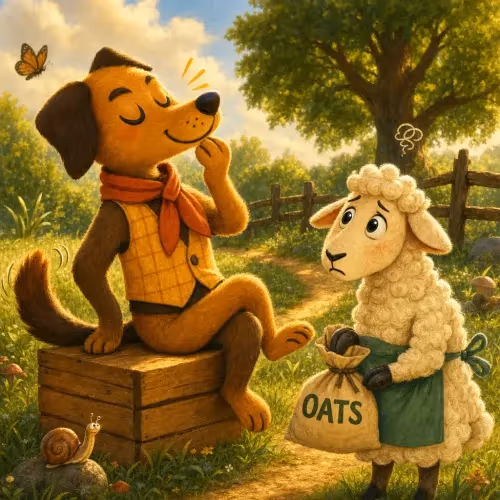 A wolf presiding over a court where a dog denies owing food to a sheep