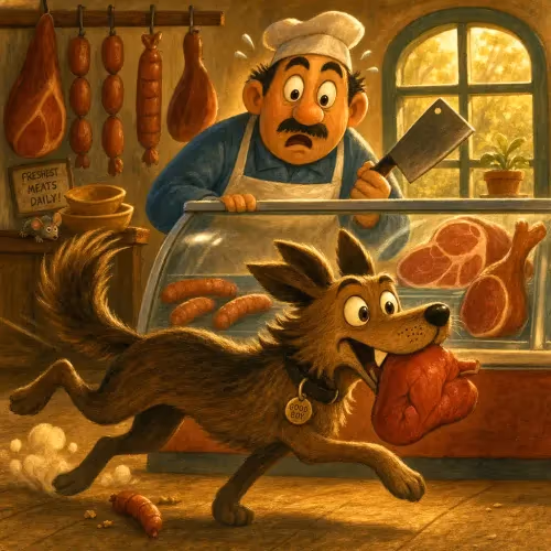 A stray dog darting off with a sheep's heart from a butcher's unwatched shop