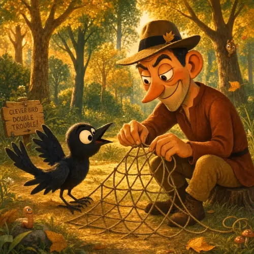 A fowler luring a curious blackbird toward a hidden net with tales of a marvelous city