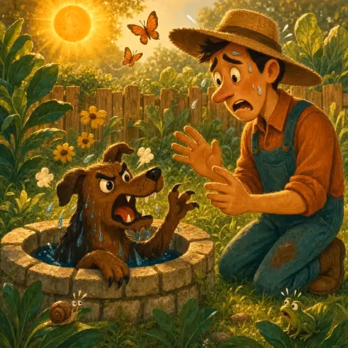 A gardener reaching into a well to rescue his dog, who bites him in fear