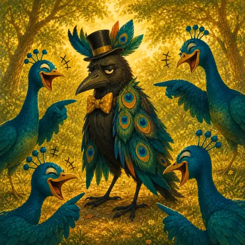 A plain jackdaw covered in borrowed peacock feathers, exposed among ridiculing peacocks