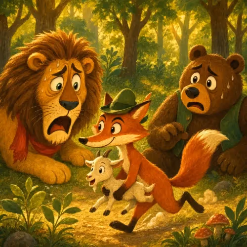A lion and a bear collapsed in exhaustion as a sly fox creeps off with their goat