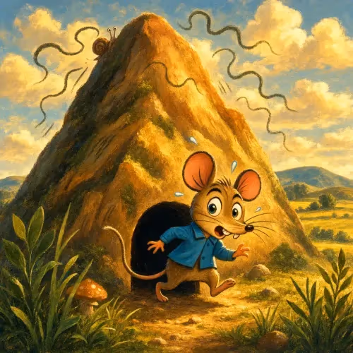 A crowd staring up at a rumbling mountain, waiting anxiously for something grand to emerge