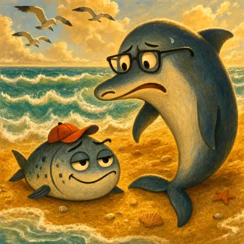 A tuna and a dolphin both stranded together on the shore after a frantic chase