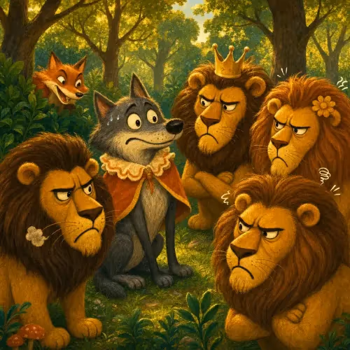 A wolf standing awkwardly among a pride of real lions, realizing he doesn't belong