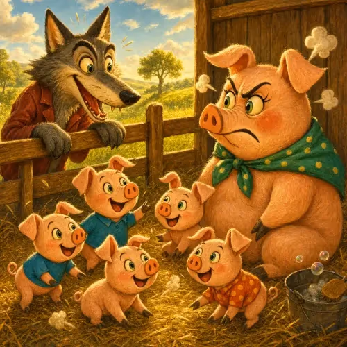 A wolf offering to watch a sow's piglets while she eyes him with suspicion