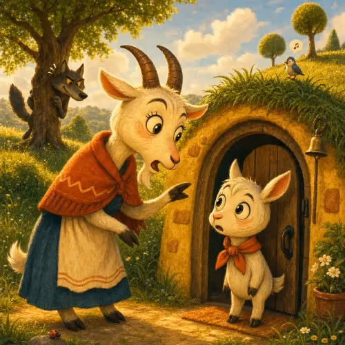 A young kid peeking through a door crack at a wolf disguised with a fake beard