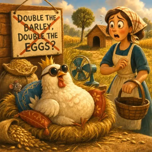 A woman scattering extra feed for her hen, hoping for two eggs instead of one
