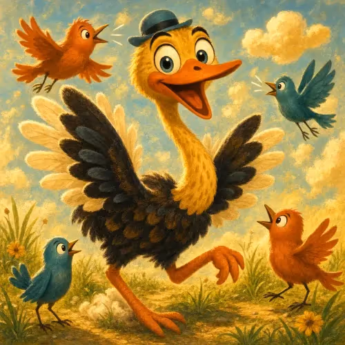An ostrich standing between a gathering of birds and a group of beasts