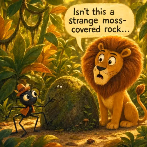 Spider Anansi tricking a sleepy animal beside a strange, moss-covered rock