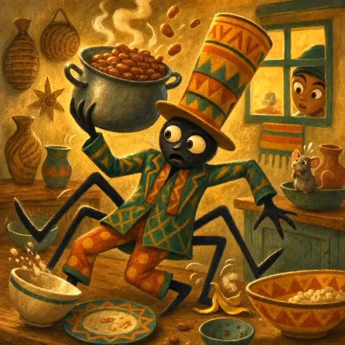 Spider Anansi burnt and hungry beside an overturned pot of beans