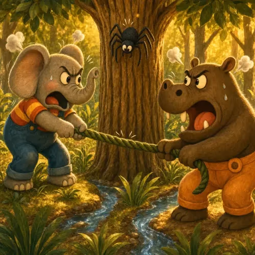 Spider Anansi gripping a rope stretched between an elephant and a hippo
