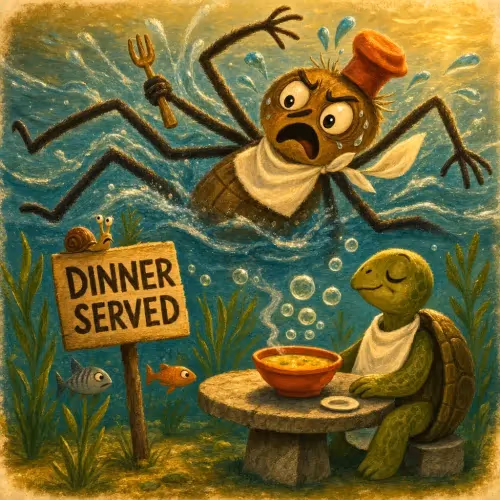 Spider Anansi dripping wet outside a turtle's underwater house, missing dinner