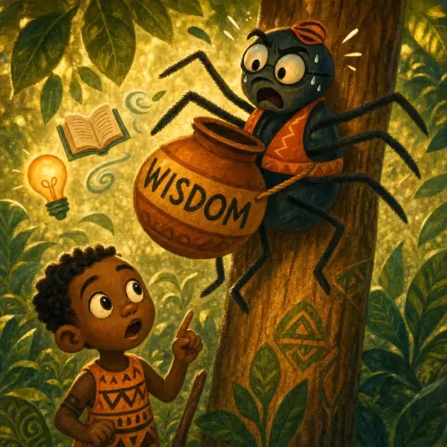 Spider Anansi's large pot of wisdom shattering and scattering into the wind