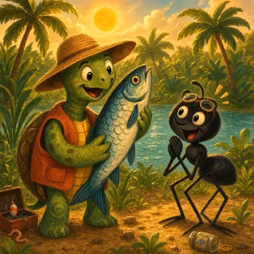 Anansi lounging under a tree while Brother Turtle hauls in a net full of fish