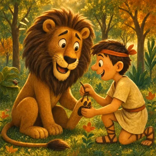 A lion gently nuzzling Androcles inside a Roman arena full of stunned spectators