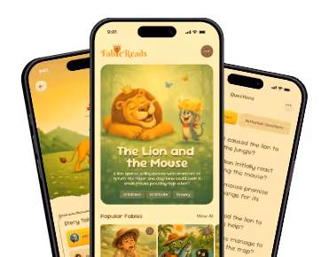 FableReads app screens showing illustrated fables and reading activities