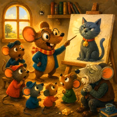 Mice gathered nervously around a bell, debating who will place it on the cat