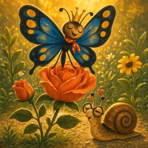A colorful butterfly looking down at a snail, unaware of its own caterpillar past