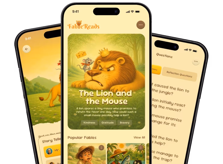 FableReads app screens showing illustrated fables and reading activities