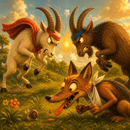 A jackal crouching beneath two goats locked in a head-butting fight