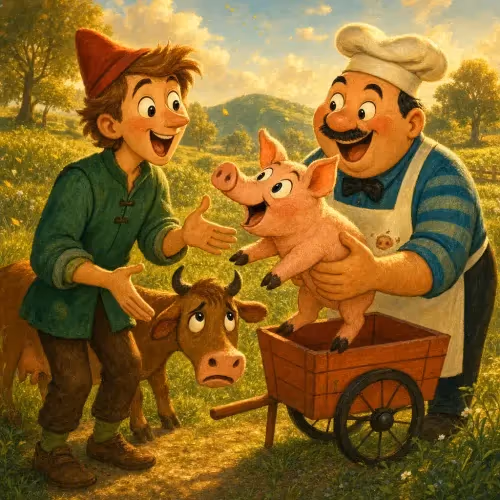 Hans happily walking away empty-handed after trading his gold for animals and goods