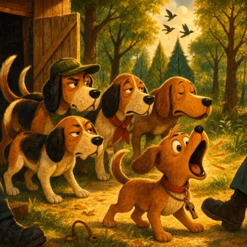 A young puppy listening closely to an older hunting dog's advice