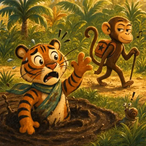 A clever monkey outsmarting a deceitful tiger on a forest path