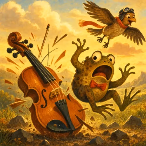 A toad clinging to a buzzard's back, soaring toward a sky party