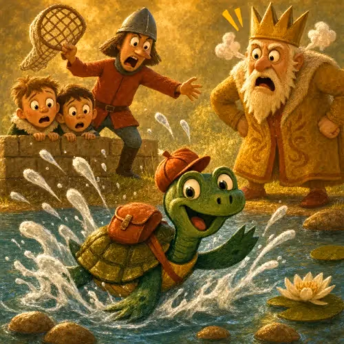 A turtle swimming swiftly away from a pond after tricking frightened princes