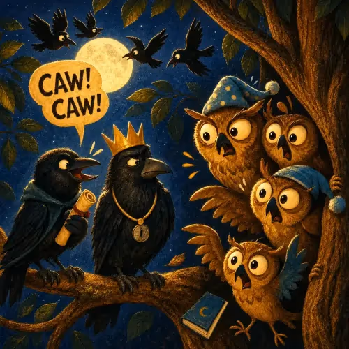 A crow spy gathering information outside a gathering of owls