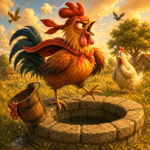 A young rooster peering down into a well despite his mother's warning
