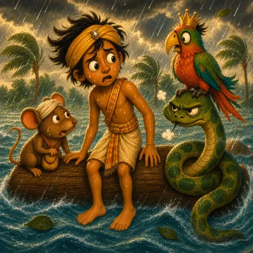 A kind man surrounded by grateful animals after rescuing a wicked prince from a well