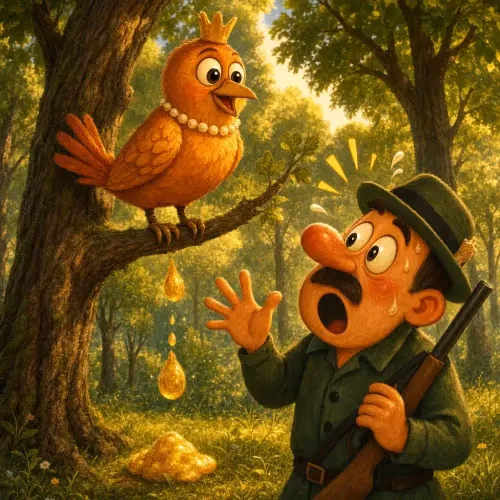 A bird leaving a trail of golden droppings as it escapes a hunter's cage