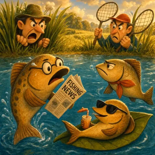 Two fish swimming away to safety while a third lingers behind in the fishermen's net