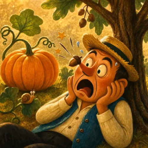A man rubbing his head after an acorn falls, next to a giant pumpkin on the ground