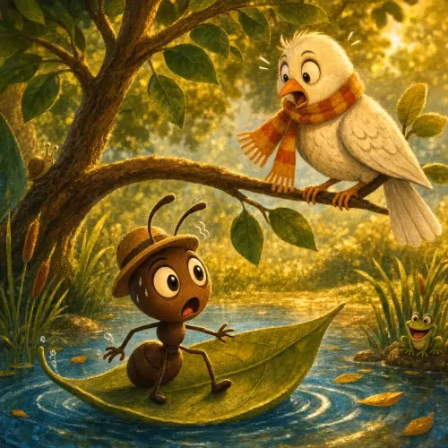 A dove dropping a leaf to rescue a struggling ant from the water below