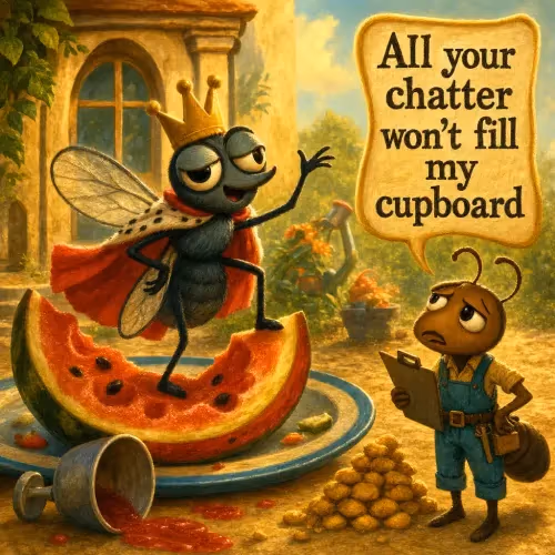 An ant hauling food while a fly buzzes boastfully overhead