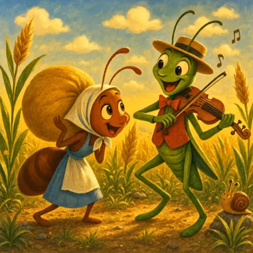 An ant carrying food through a field while a grasshopper plays music and dances nearby