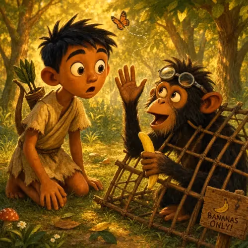 A boy releasing a trapped tiger, snake, and man from hunters' snares