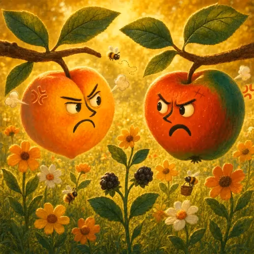 A peach and an apple arguing on a branch while a berry vine looks on below