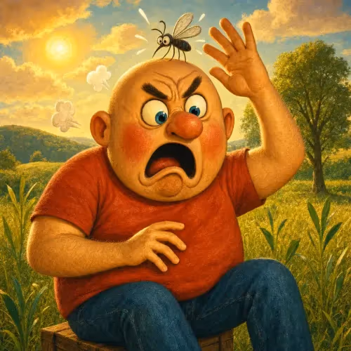 A bald man wincing after swinging a large stone at a fly on his head
