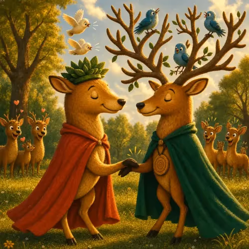 A golden deer stepping forward to sacrifice himself before a human king's hunting party