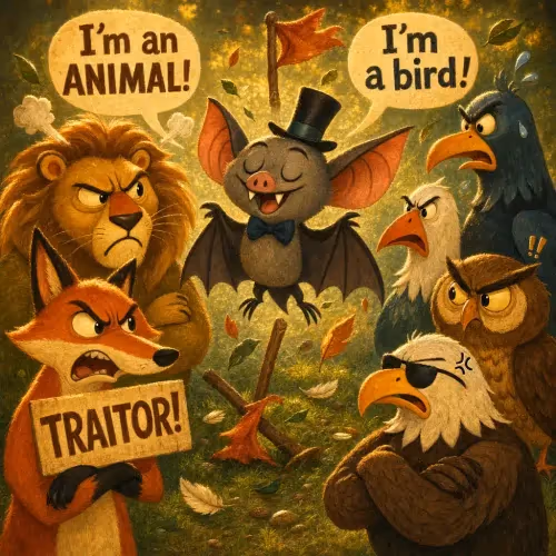 A bat caught between a gathering of birds and a gathering of beasts during their war