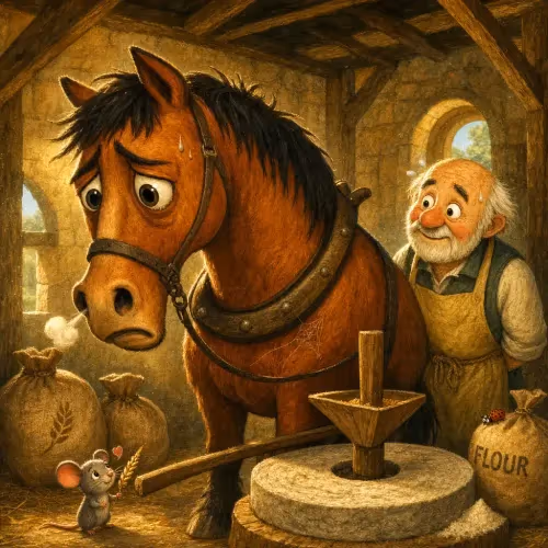 An old warhorse pulling a miller's cart, remembering days of battle glory