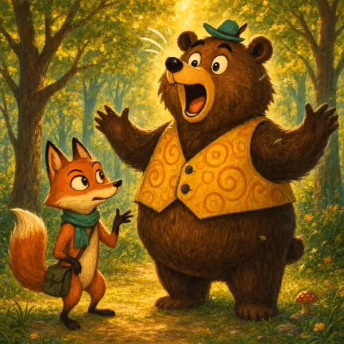 A fox questioning a proud bear standing over a fallen traveler