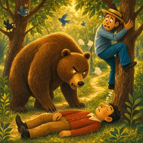 One traveler frozen still on the ground while a bear sniffs him and the other hides in a tree