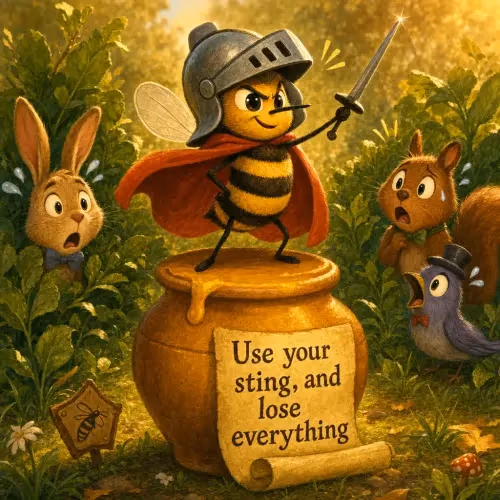 A bee presenting a jar of golden honey to Jupiter while asking for a powerful sting