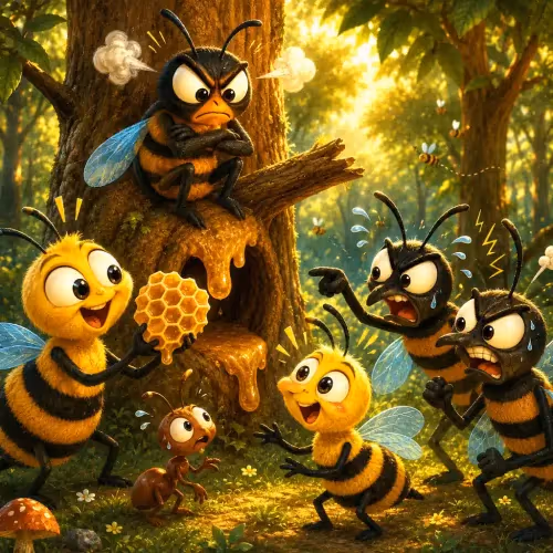 A hornet judging a honey-making contest between a group of bees and wasps